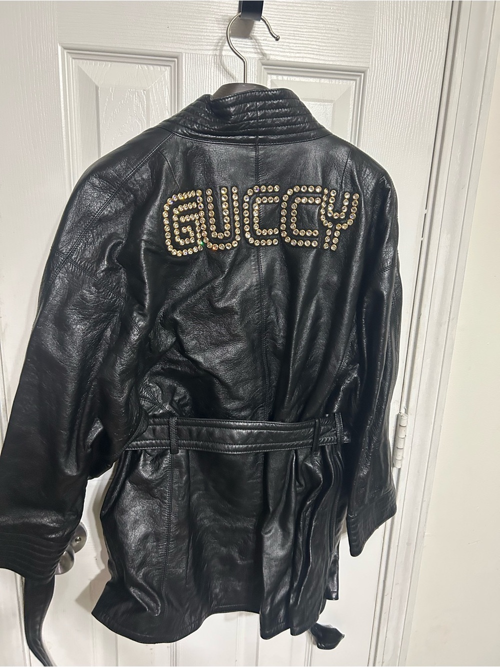 Gucci Black Leather Belted Jacket with Gold Stud Logo